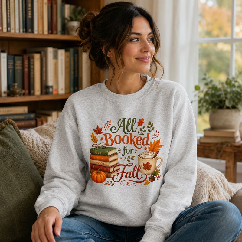 Woman wearing an ash gray All Booked for Fall sweatshirt in a cozy autumn reading nook with books and warm decor.