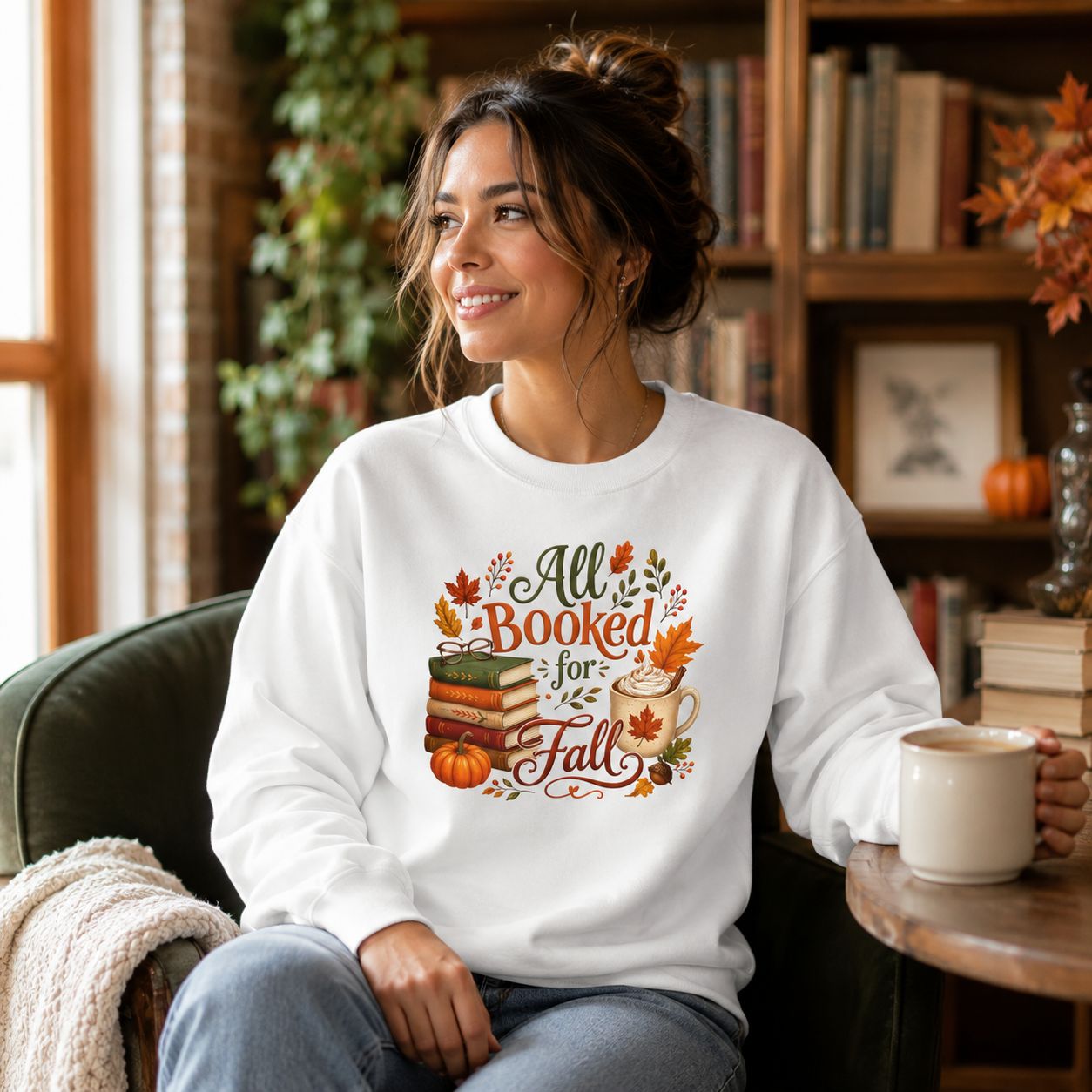 Woman wearing a white All Booked for Fall sweatshirt with coffee in a cozy autumn library and reading nook.