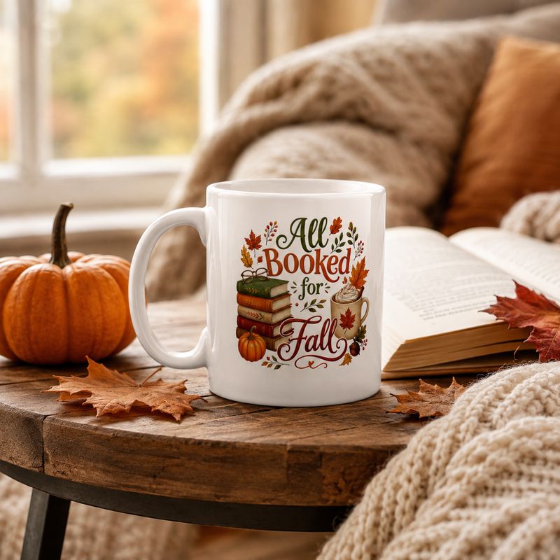 11 oz mug: White 11 oz “All Booked for Fall” mug styled with a pumpkin, open book, fall leaves, and cozy knit blanket.