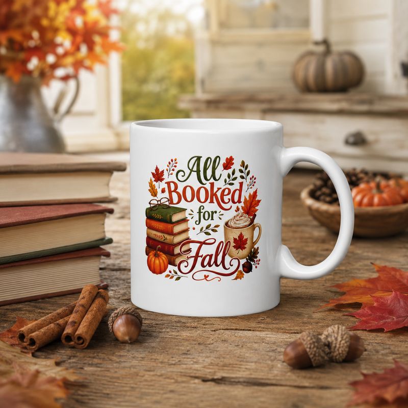 11 oz mug: White 11 oz “All Booked for Fall” coffee mug displayed with books, cinnamon sticks, acorns, and autumn leaves.