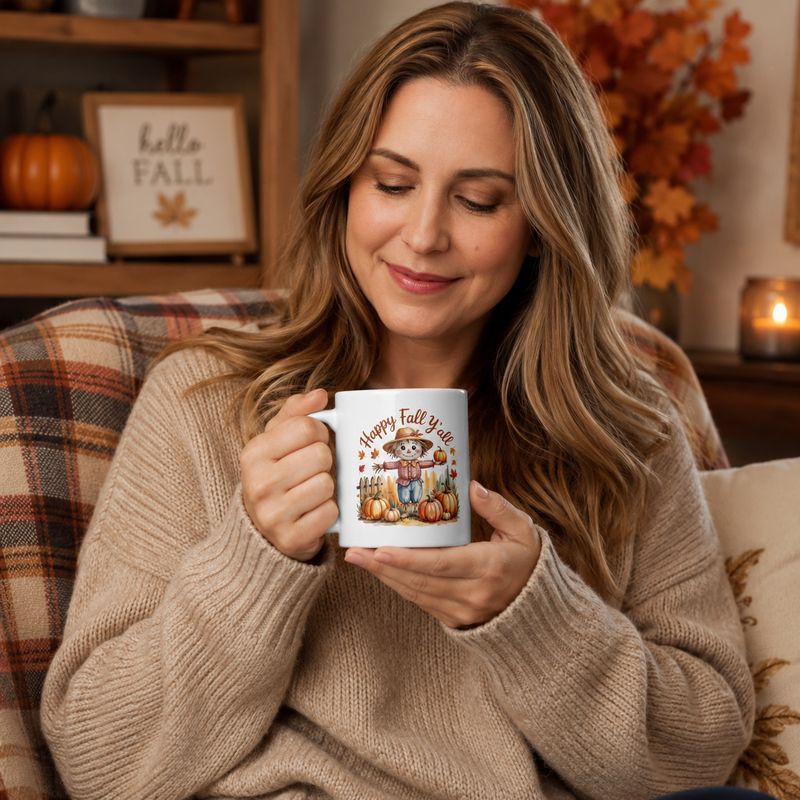 11 oz lifestyle: Woman holding an 11 oz “Happy Fall Y’all” scarecrow mug in a cozy fall reading nook with plaid decor.
