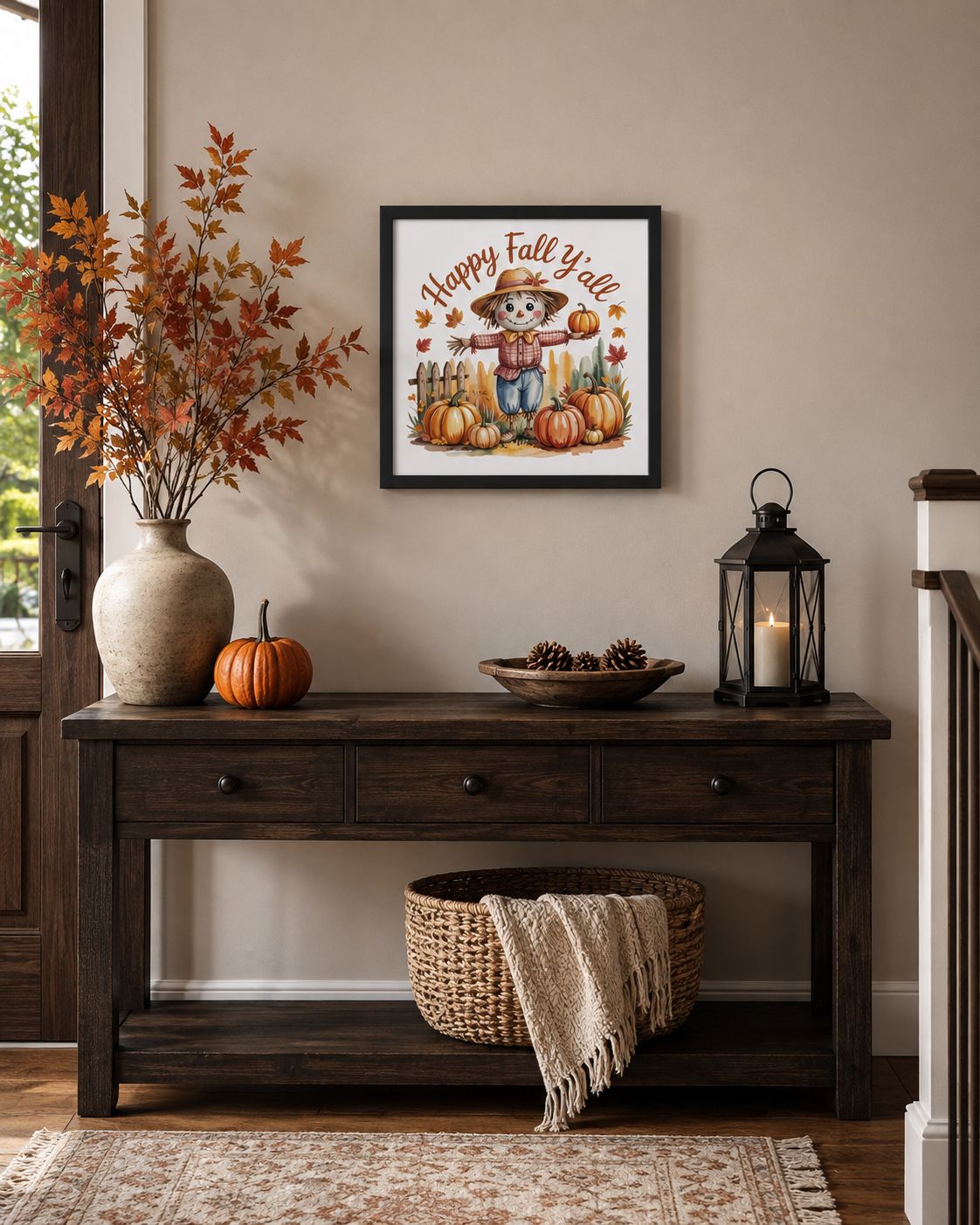 Black frame: 14x14 black framed Happy Fall Y’all scarecrow print above a dark wood console in a cozy fall entryway.