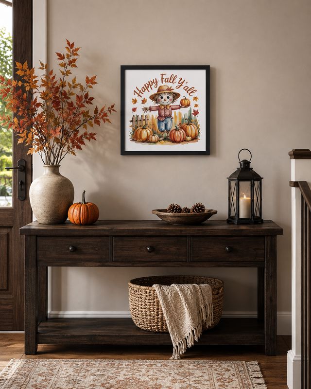 Black frame: 14x14 black framed Happy Fall Y’all scarecrow print above a dark wood console in a cozy fall entryway.