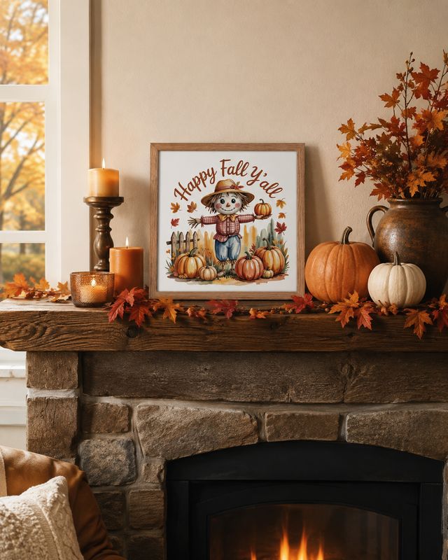 Red oak frame: 14x14 red oak framed Happy Fall Y’all scarecrow print styled on a rustic fireplace mantel with fall decor.