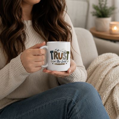 Woman holding a white “Trust in the Lord” Proverbs 3:5-6 Christian coffee mug while relaxing on a cozy sofa.