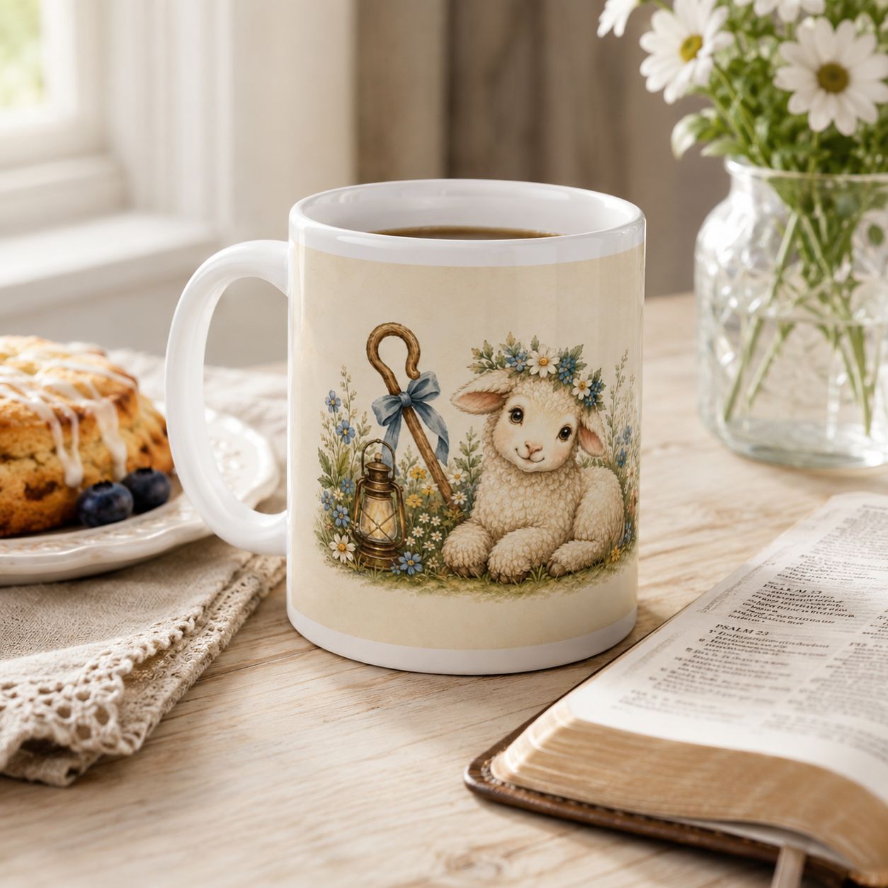 11 oz Christian mug with lamb, wildflowers, lantern and shepherd’s crook in a cozy breakfast setting.