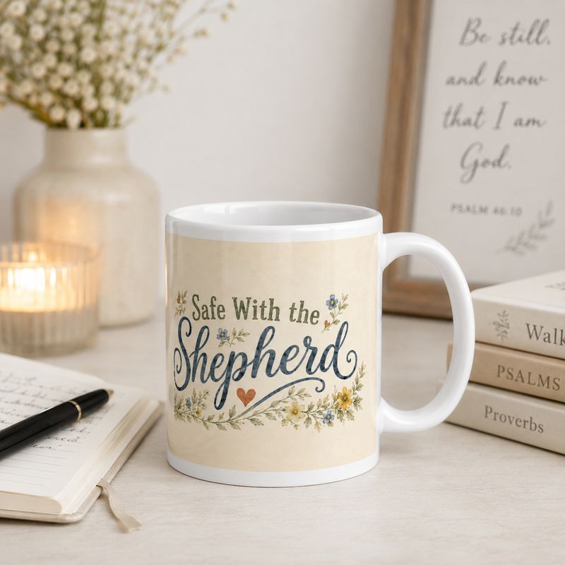 11 oz “Safe With the Shepherd” Christian mug styled with journal, candle and devotional books.