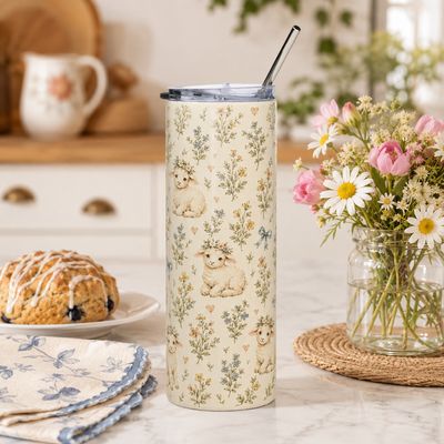20 oz lamb and floral tumbler with metal straw on a kitchen counter beside a pastry and fresh flowers.
