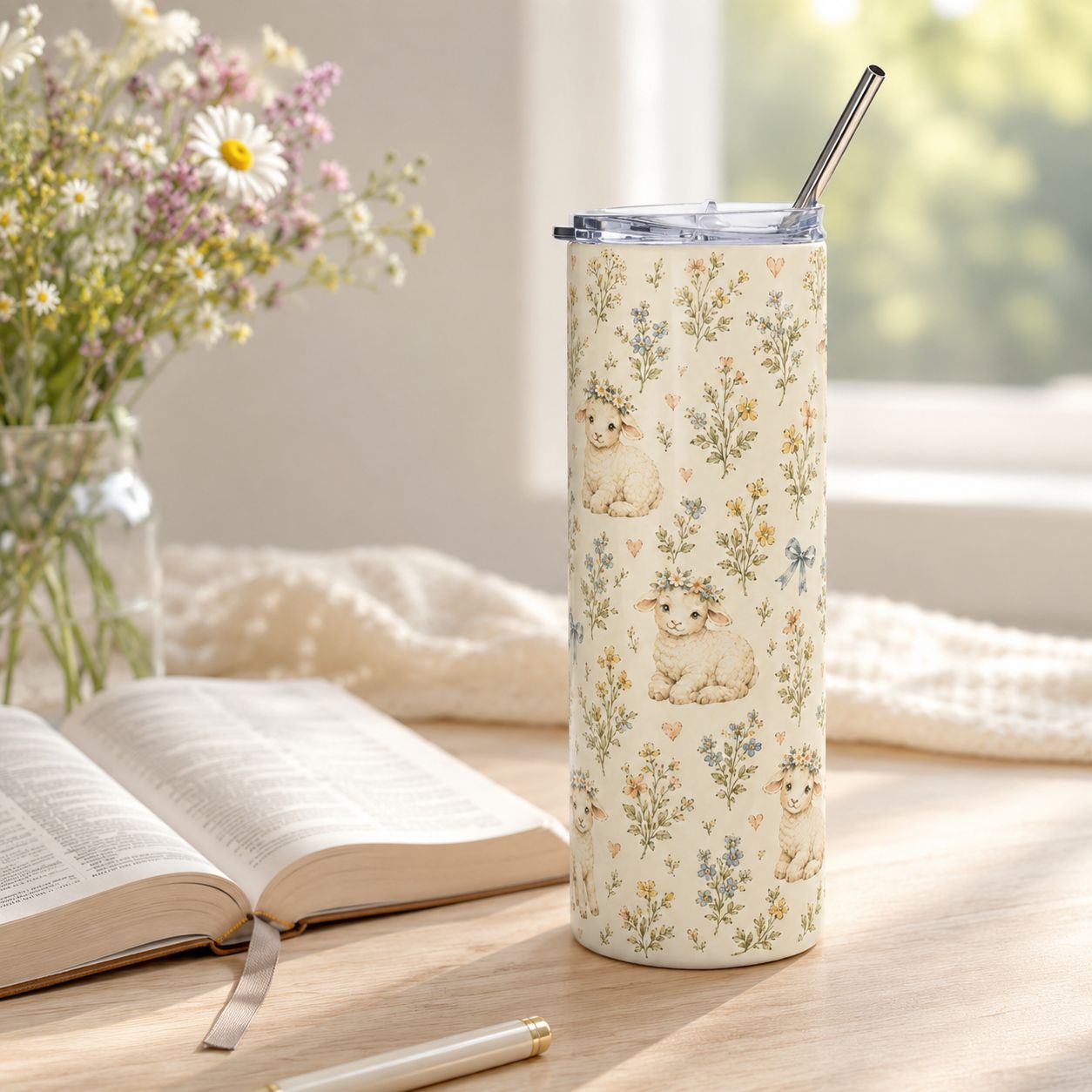 20 oz lamb and wildflower tumbler with metal straw beside an open Bible, pen, and vase of daisies.