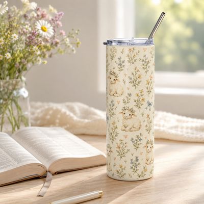 20 oz lamb and wildflower tumbler with metal straw beside an open Bible, pen, and vase of daisies.