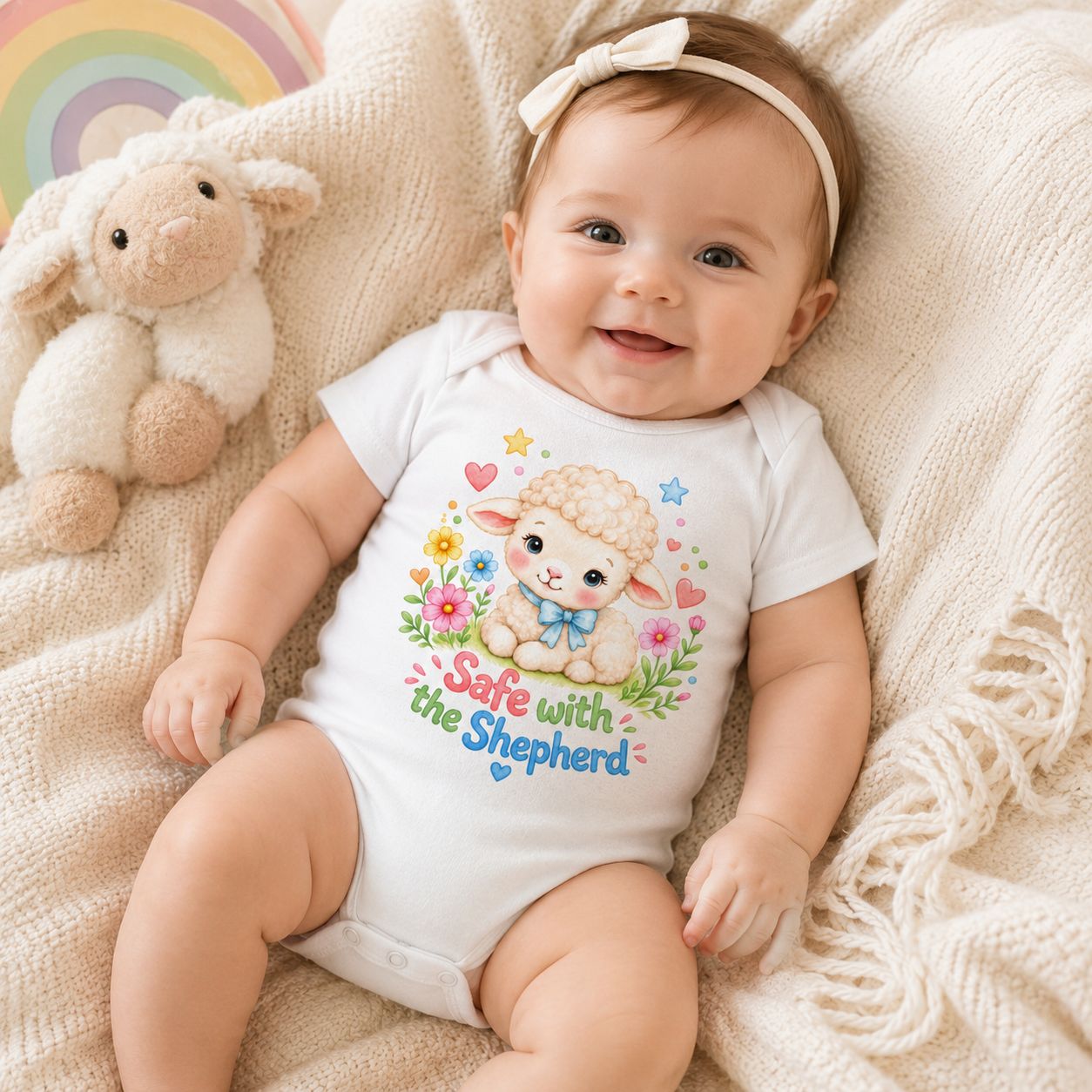 Baby girl wearing white Safe with the Shepherd lamb bodysuit with colorful flowers, resting beside a plush lamb.