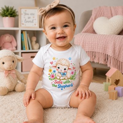 Smiling baby girl in white Safe with the Shepherd Christian lamb bodysuit sitting in a cozy pink nursery.