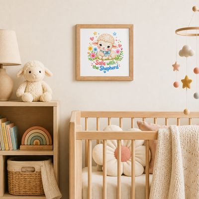 Wood frame:
Wood framed 10x10 Safe with the Shepherd lamb nursery wall art print mockup