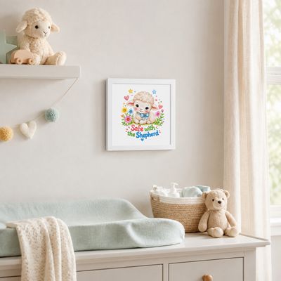 White frame:
White framed 10x10 Safe with the Shepherd lamb nursery wall art print mockup