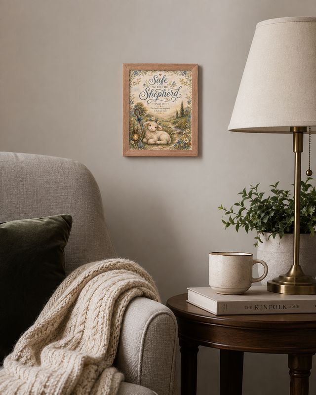 Red oak frame on wall:
Red oak framed Safe with the Shepherd Psalm 23 Christian lamb wall art hanging in an adult home interi