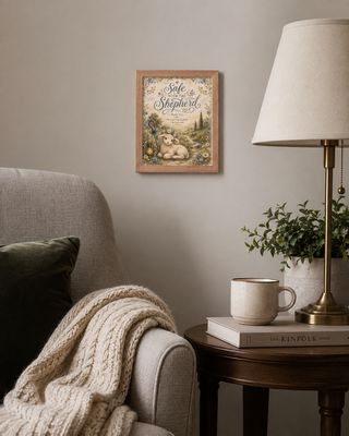 Red oak frame on wall:
Red oak framed Safe with the Shepherd Psalm 23 Christian lamb wall art hanging in an adult home interi