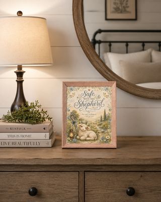Red oak frame on dresser:
Red oak framed Safe with the Shepherd Psalm 23 Christian lamb wall art displayed on a dresser with 