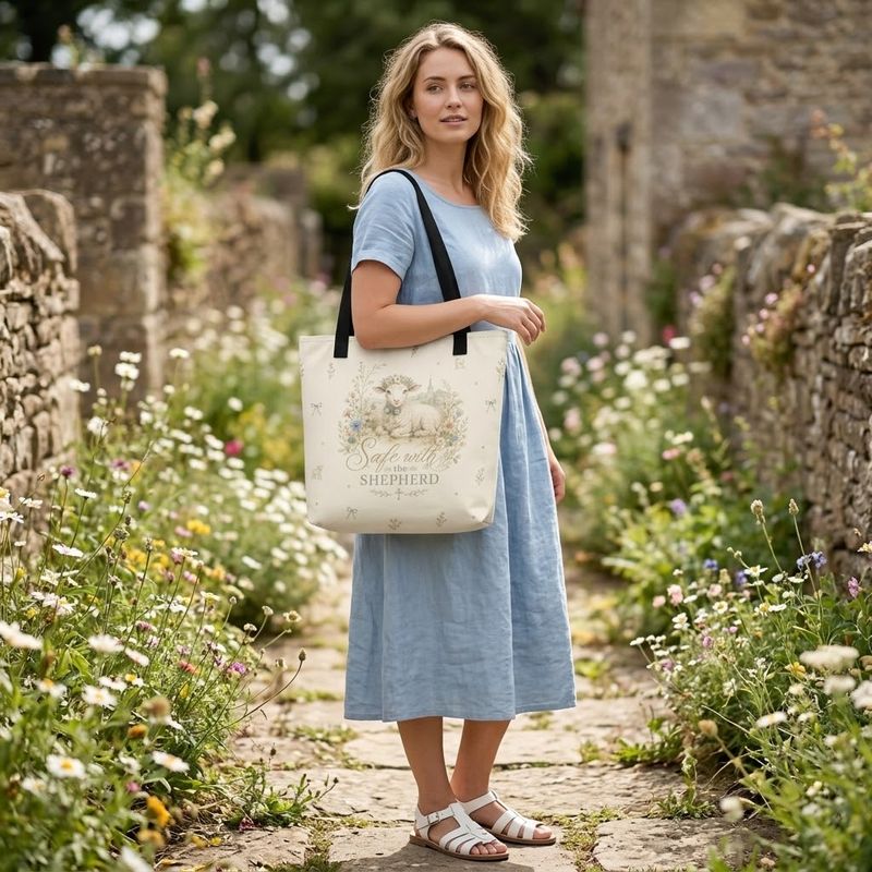 Realistic lifestyle photography of a woman in a spring garden holding an aesthetic Christian tote bag. The 15x15 bag features