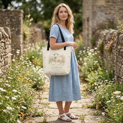 Realistic lifestyle photography of a woman in a spring garden holding an aesthetic Christian tote bag. The 15x15 bag features