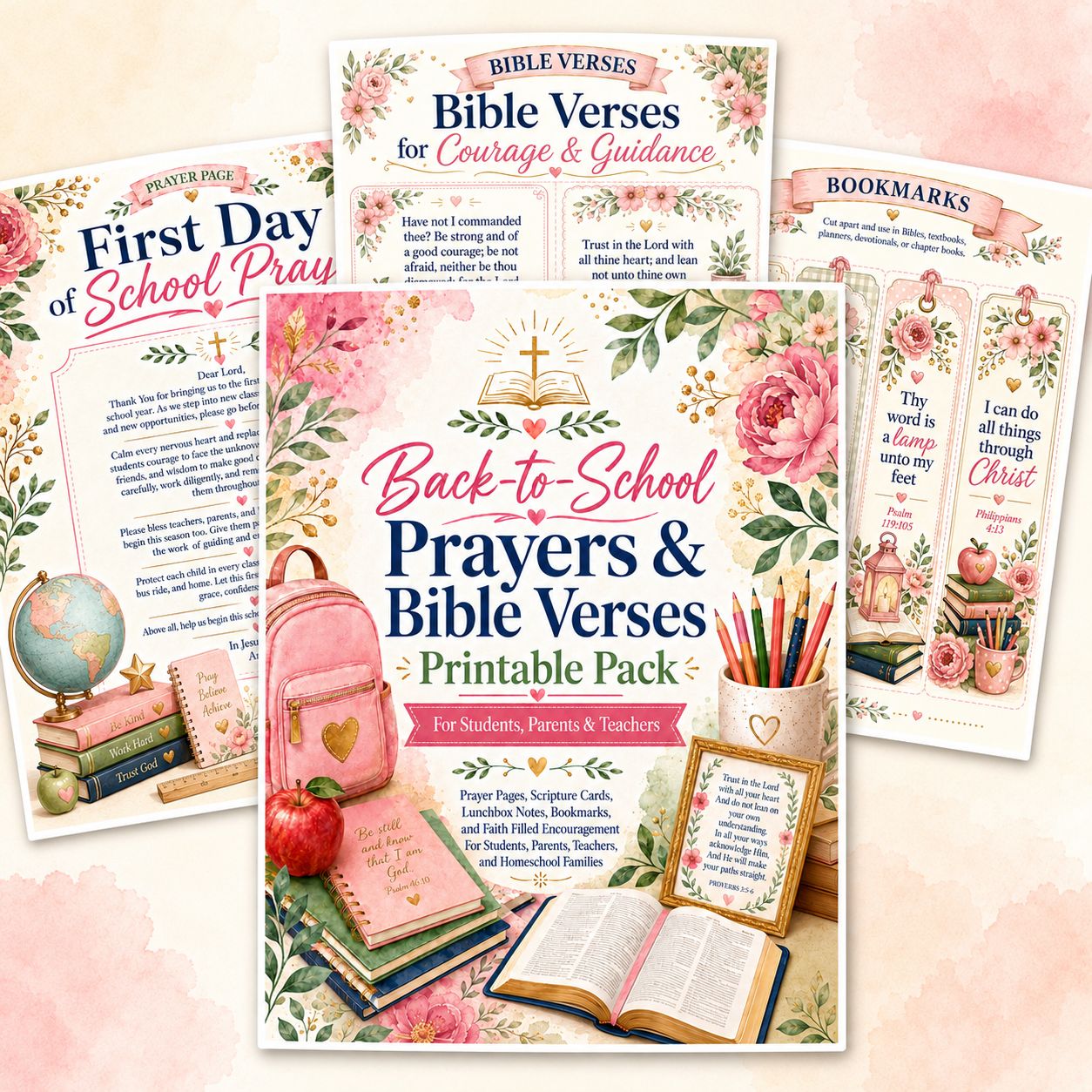 Back-to-School Prayers and Bible Verses Printable Pack for girls featuring Christian prayer pages, Scripture cards, bookmarks