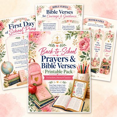 Back-to-School Prayers and Bible Verses Printable Pack for girls featuring Christian prayer pages, Scripture cards, bookmarks