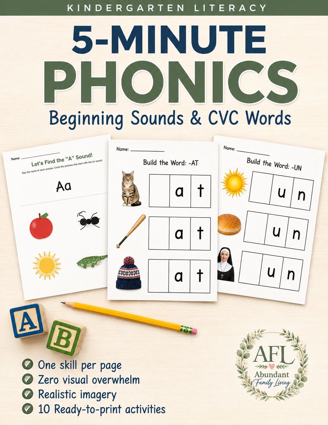 5-Minute Phonics printable bundle for kindergarten literacy. The cover displays three no-prep CVC word and beginning sound wo