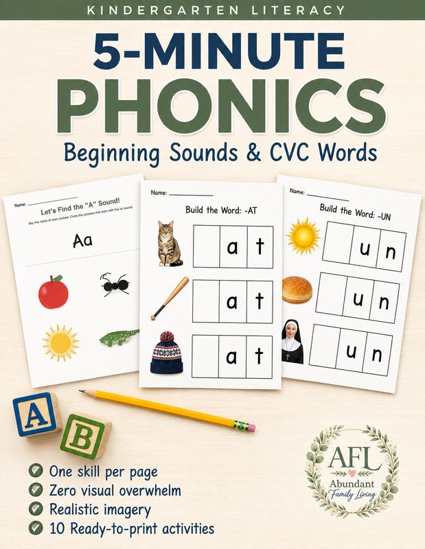 5-Minute Phonics printable bundle for kindergarten literacy. The cover displays three no-prep CVC word and beginning sound wo