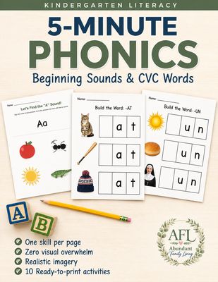 5-Minute Phonics printable bundle for kindergarten literacy. The cover displays three no-prep CVC word and beginning sound wo