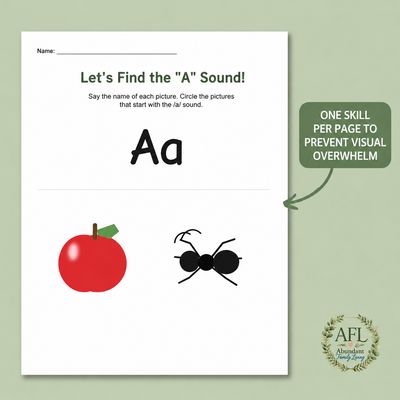 Simple short A phonics worksheet with large Aa, realistic apple and ant images, and clean spacing to reduce visual overwhelm.