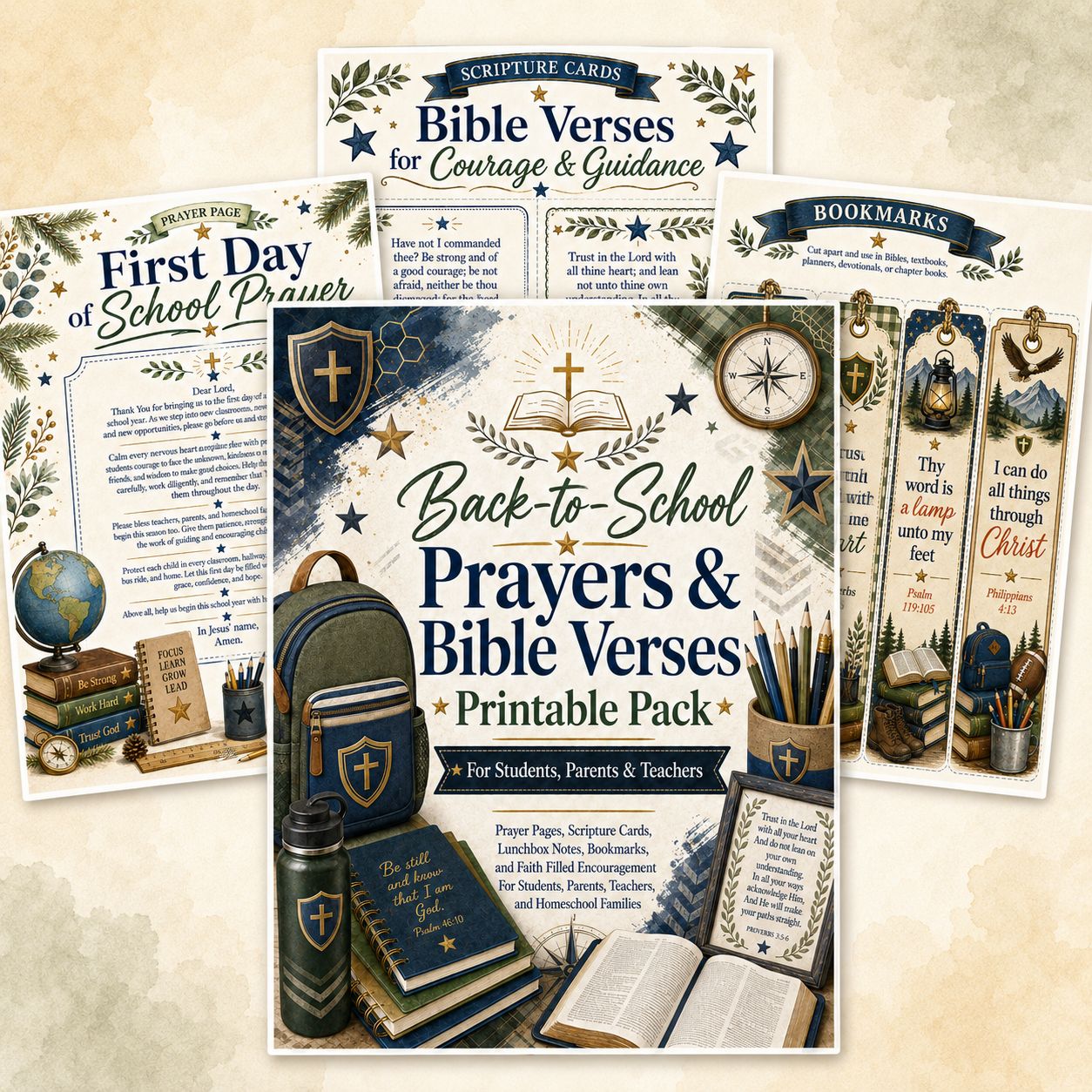 Back-to-School Prayers and Bible Verses printable pack for boys with prayer pages, Scripture cards, bookmarks, and Christian 