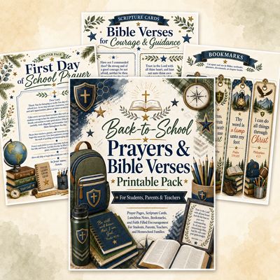 Back-to-School Prayers and Bible Verses printable pack for boys with prayer pages, Scripture cards, bookmarks, and Christian 