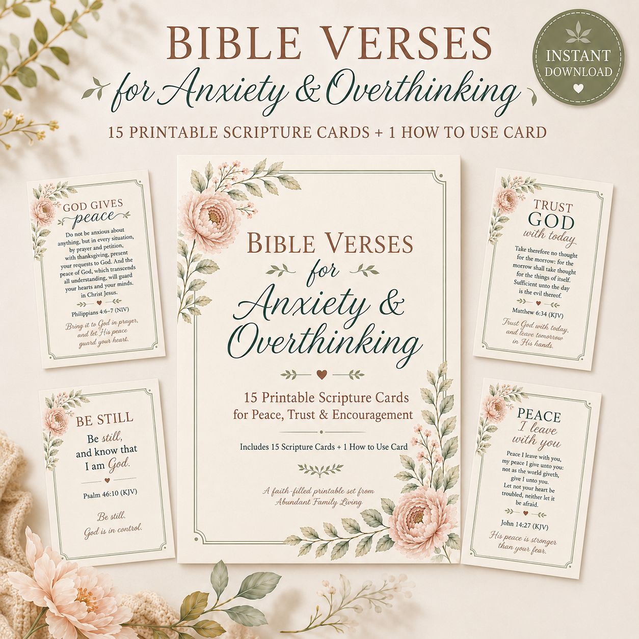 Printable Bible Verse Cards for Anxiety &amp; Overthinking – 15 Scripture Cards for Peace, Trust, Worry &amp; Christian Encouragement