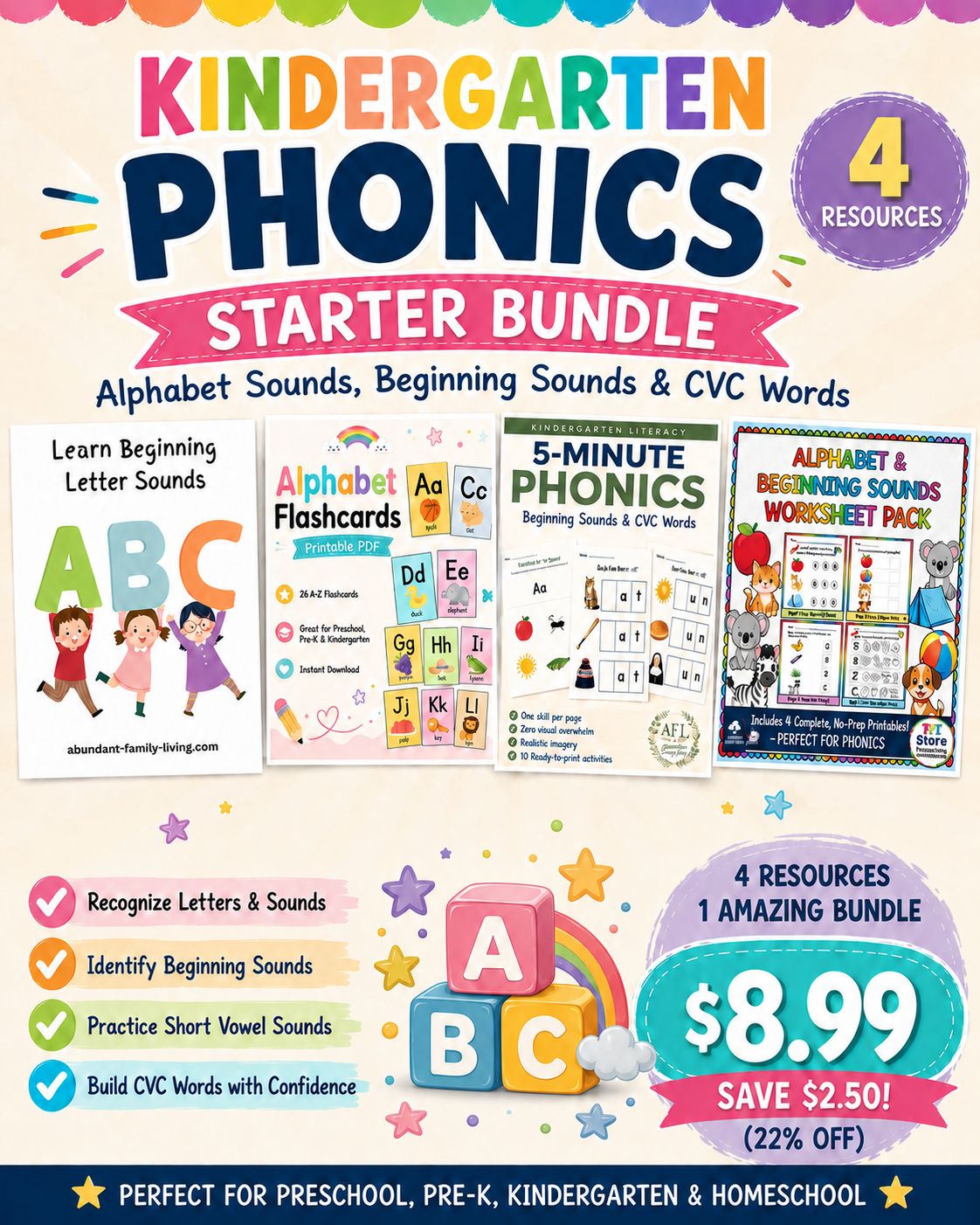 Kindergarten Phonics Starter Bundle | Alphabet Flashcards, Beginning Sounds &amp; CVC Word Worksheets