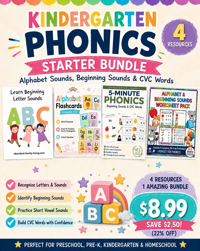 Kindergarten Phonics Starter Bundle with alphabet flashcards, beginning sounds worksheets, short vowel activities, and CVC wo
