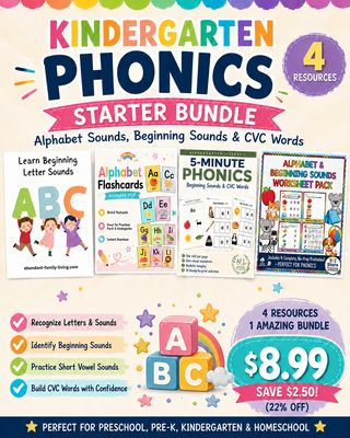 Kindergarten Phonics Starter Bundle with alphabet flashcards, beginning sounds worksheets, short vowel activities, and CVC wo