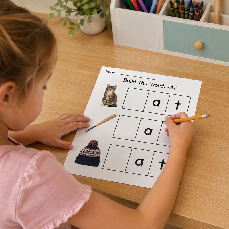 Kindergarten child completing a printable CVC word family worksheet from the Kindergarten Phonics Starter Bundle.