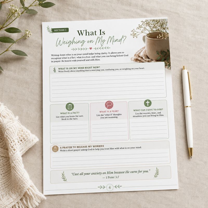 Printable Christian reflection worksheet titled What Is Weighing on My Mind with prompts for worries, fears, facts and prayer
