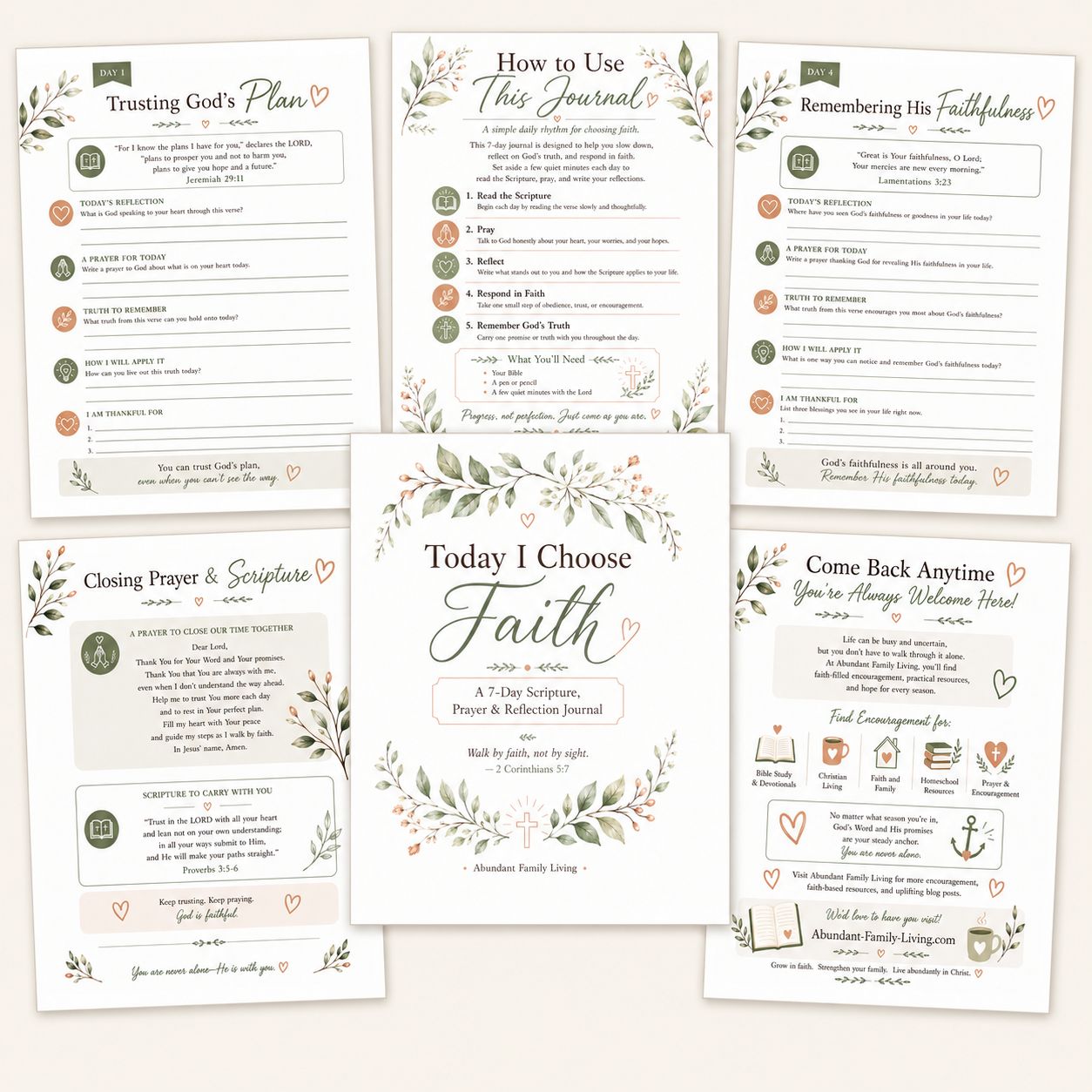 Today I Choose Faith Christian printable journal preview featuring the cover, devotional worksheets, reflection pages, closin
