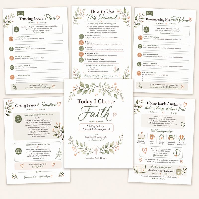 Today I Choose Faith Christian printable journal preview featuring the cover, devotional worksheets, reflection pages, closin