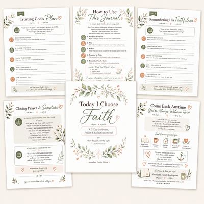 Today I Choose Faith Christian printable journal preview featuring the cover, devotional worksheets, reflection pages, closin