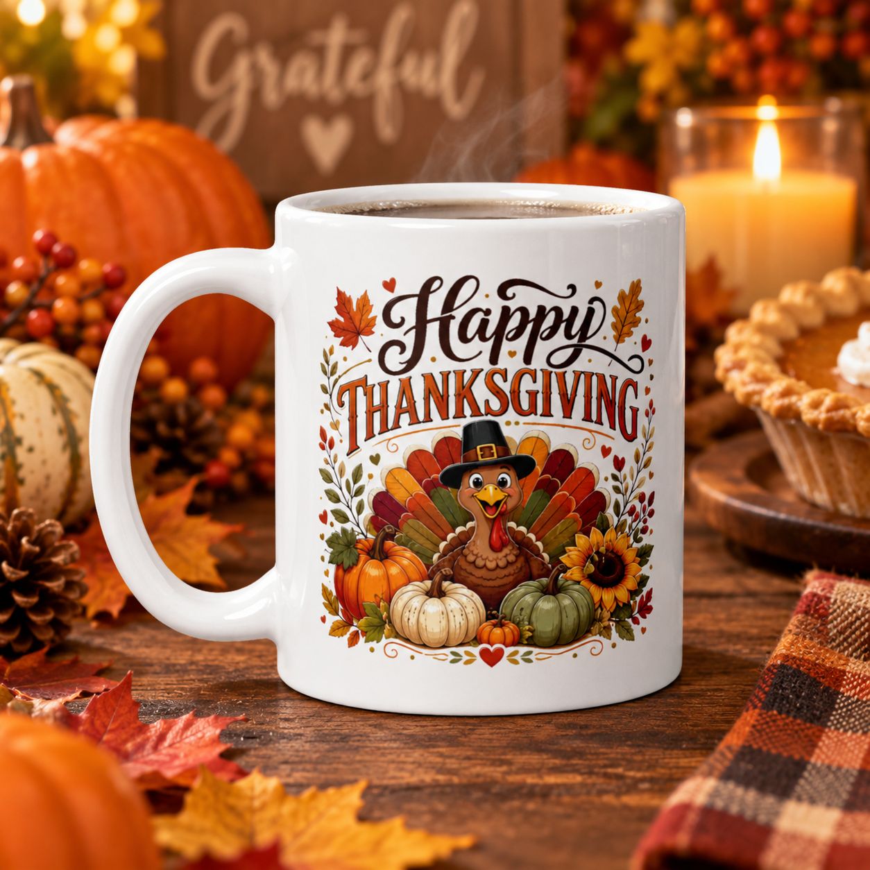 11 oz Happy Thanksgiving turkey mug in a cozy fall setting with pumpkins, autumn leaves, candlelight and pumpkin pie