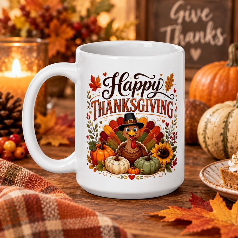 15 oz Happy Thanksgiving ceramic mug with turkey, pumpkins and sunflower displayed on a warm Thanksgiving autumn table