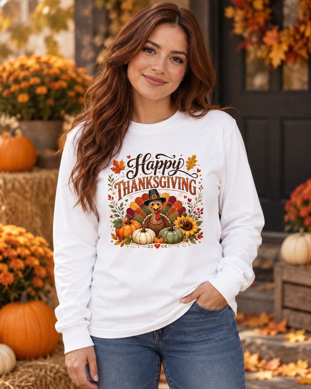 Woman wearing white Happy Thanksgiving turkey long sleeve shirt with pumpkins and fall floral design in autumn setting