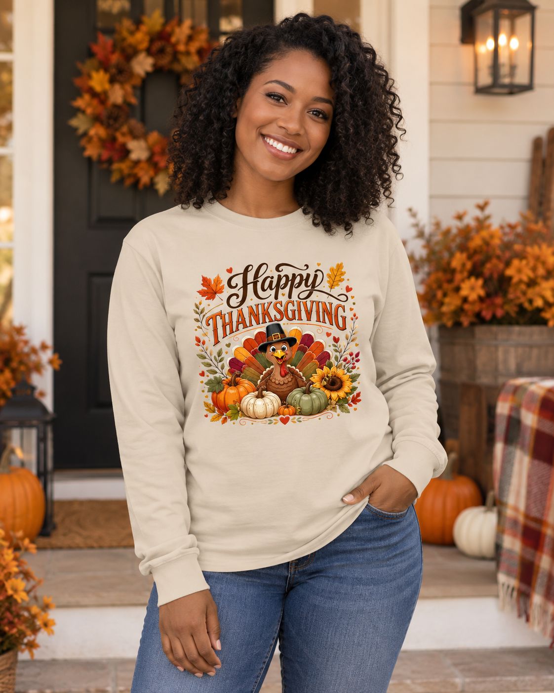Woman wearing sand Thanksgiving long sleeve shirt with turkey and pumpkin graphic in festive autumn porch setting