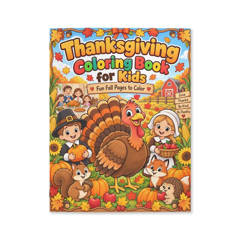 Colorful Thanksgiving Coloring Book for Kids cover featuring a turkey, pilgrim children, pumpkins, woodland animals, fall lea