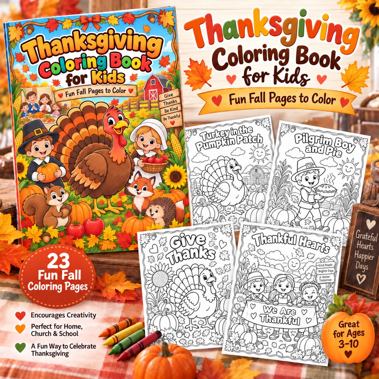 Thanksgiving Coloring Book for Kids – 23 Fall Coloring Pages, 8.5" x 11" Soft Cover Activity Book