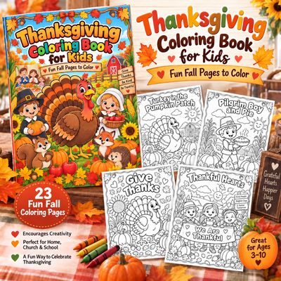 Thanksgiving coloring book for kids with 23 fall coloring pages featuring turkeys, pilgrims, pumpkins, gratitude themes, and 