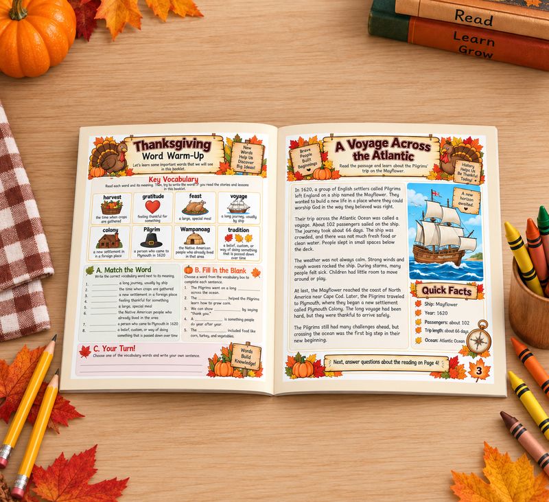Third Grade Thanksgiving Learning Booklet – Reading, Math, Pilgrim &amp; Wampanoag History, Grammar &amp; Writing Activities