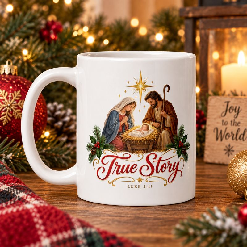 11 oz Christian Christmas Nativity mug featuring True Story and Luke 2:11 displayed in a cozy holiday scene with evergreen, o