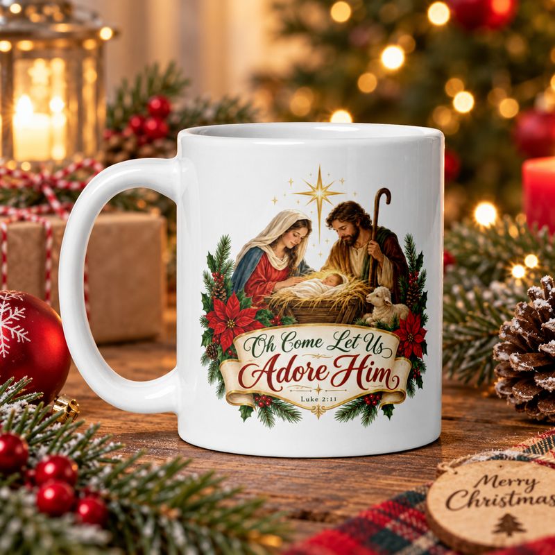 Christian Christmas Nativity mug featuring “Oh Come Let Us Adore Him” and Luke 2:11 displayed in a cozy holiday scene with ev